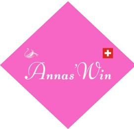 Logo Annas'Win: weisser Schriftzug auf pinkem Rhombus mit Schweizer Kreuz